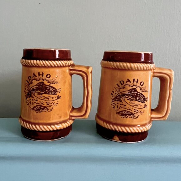 Idaho Fishing 70's Stein Style Salt & Pepper Shaker Set | Retro Kitchenware - Picture 1 of 13